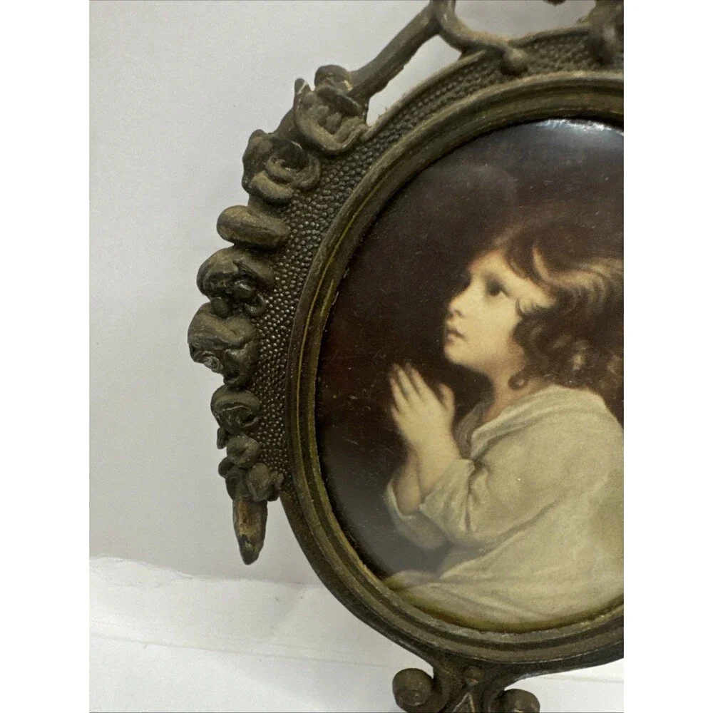 3 Trio VTG Ornate Metal Frames Victorian Young Girl Praying/Waving 6.5” Italy